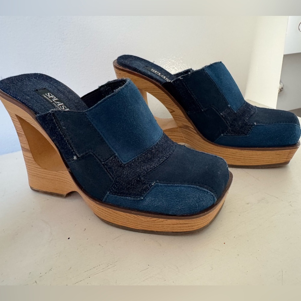 Vintage 90s Y2K Splash Fashion Footwork Denim Suede Patchwork Platform Mules